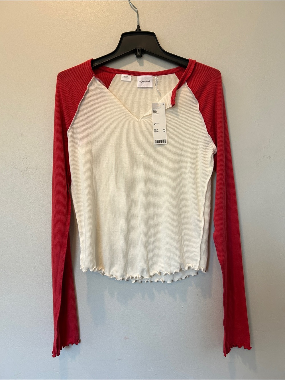 Urban Outfitters baby tee Cream V-Neck Raglan Long Sleeve Top with Red Sleeves